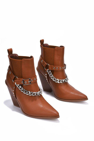 Cape Robbin DIMITRI Chain Detailed Ankle Western Boots Tan | Shoe Time