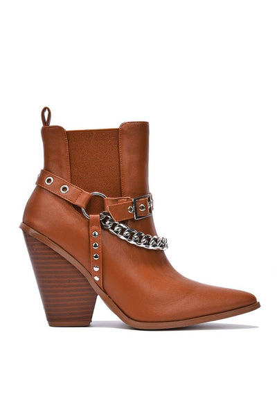 Tan Chain Detailed Ankle Western Boots | Shoe Time