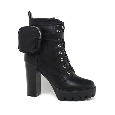 Side Pocket lace-up Chunky High Heel Bootie Black