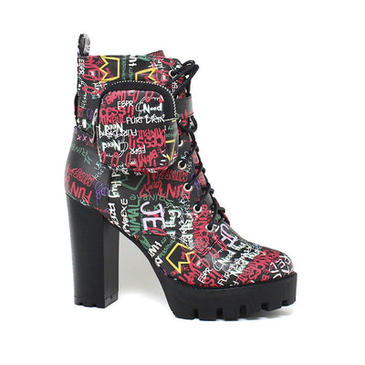 Side Pocket lace-up Chunky High Heel Bootie Multi
