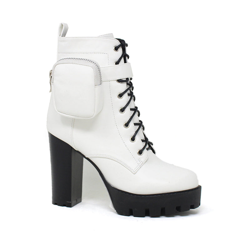 Side Pocket lace-up Chunky High Heel Bootie  White