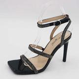 rhinestone ankle strap high heel sandals - Black