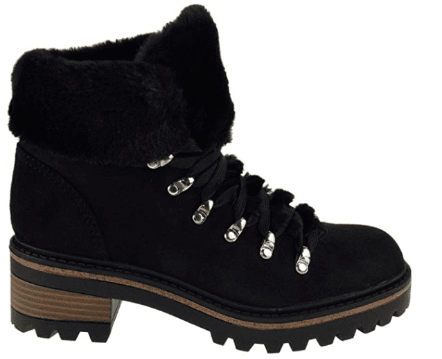 Womens Lace Up Platform Fur Lined Ankle Hiking Boots - Black
