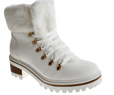 Womens Lace Up Platform Fur Lined Ankle Hiking Boots - White