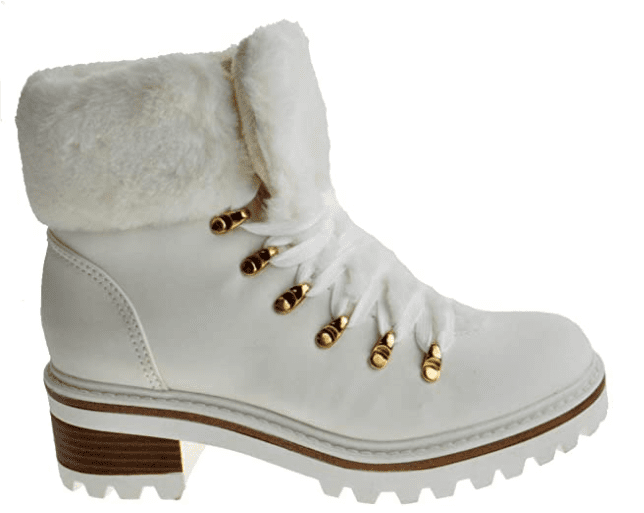 Womens Lace Up Platform Fur Lined Ankle Hiking Boots - White