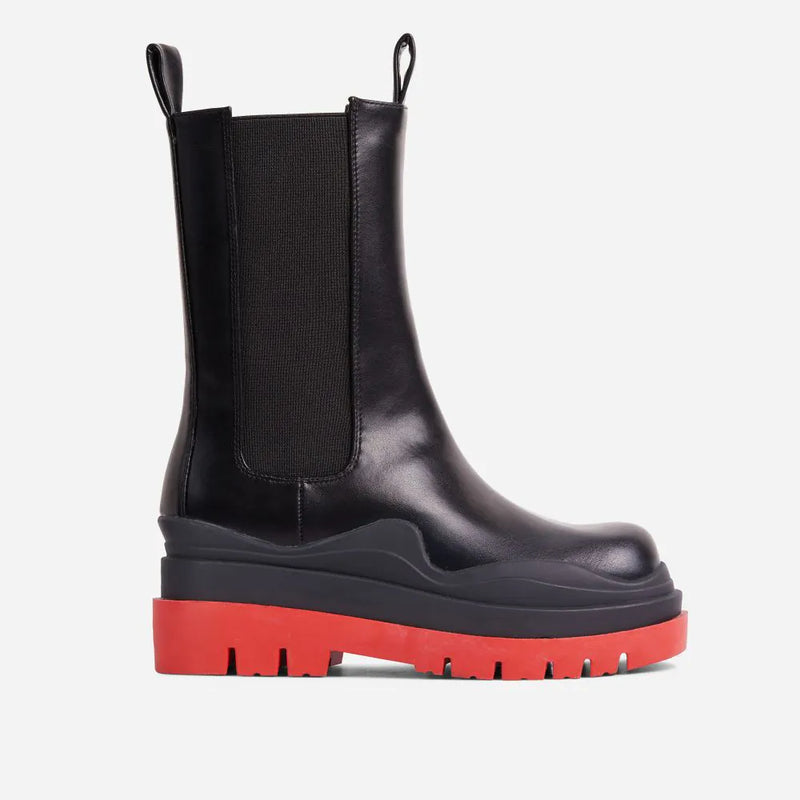 Energy Red Chunky Sole Ankle Chelsea Biker Boot In Black Faux Leather