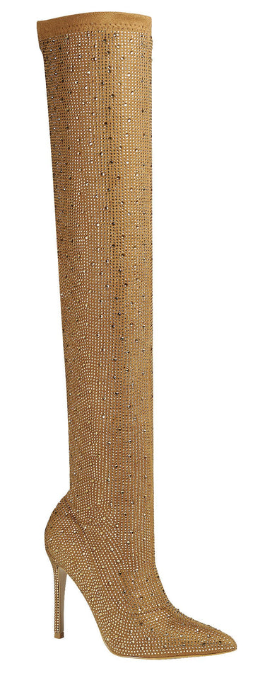 Tan Rhinestone Over The Knee Boots Ensure-18 | Shoe Time