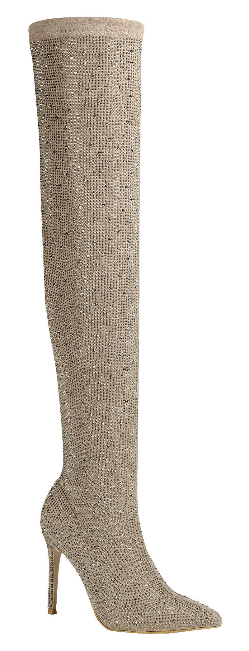 Taupe Rhinestone Over The Knee Boots Ensure-18 | Shoe Time
