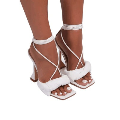 White Cross Strap Square Open Toe High Heels | Shoe Time