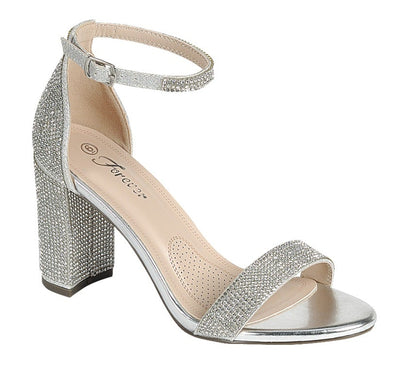 Silver  Glitter Rhinestones Ankle Strap Chunky Pumps Sandals