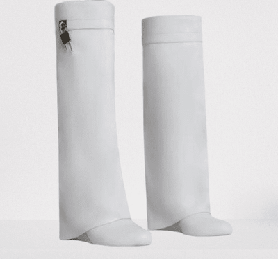 White Padlock Detail Wedge Heel Knee High Long Boot Leather