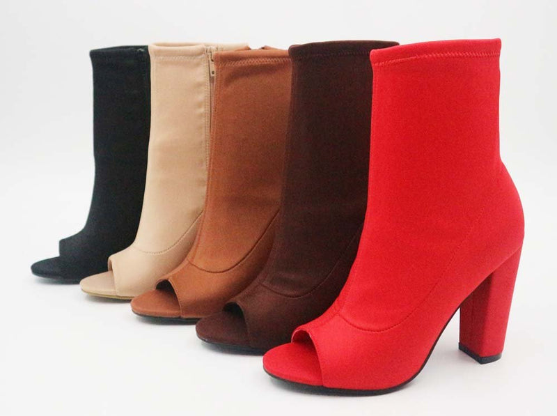 Bamboo Insanity-12 Elastic Peep Toe Stretch Slip-On Booties | Shoe Time