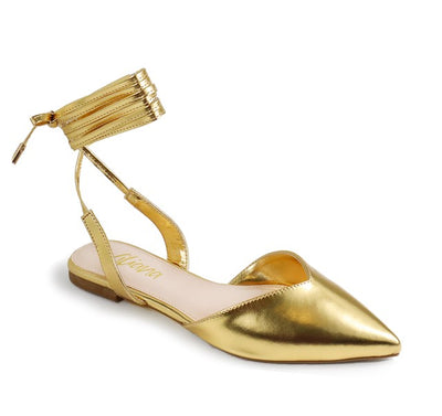 Gold  Lace Up Ballet Pointed Toe Sandals | Shoe Time