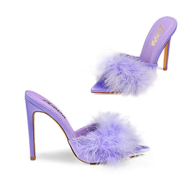 lavender Fur Open Toe Mule Sandal Heels Laurent-67 | Shoe Time