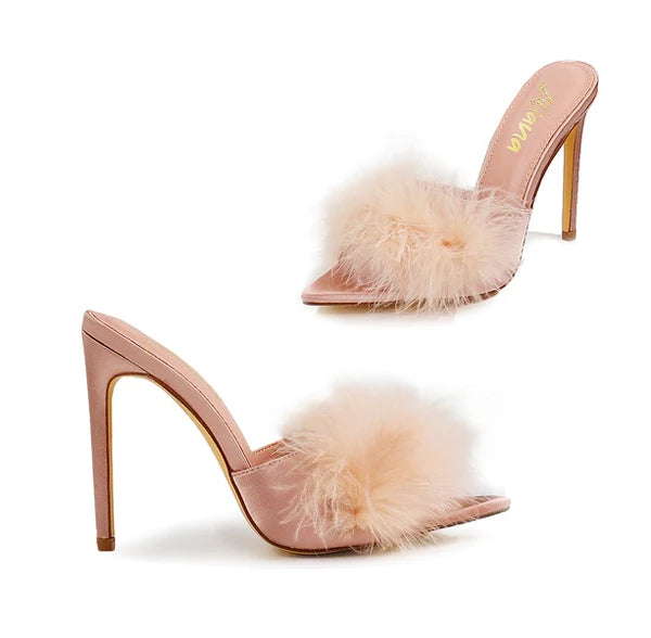 Nude Fur Open Toe Mule Sandal Heels Laurent-67 | Shoe Time