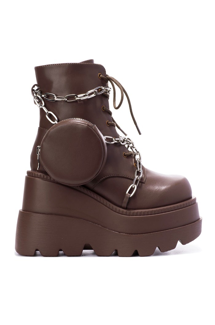 Brown Chunky Lug Platform Chain Zipper Pouch Bootie | Shoe Time