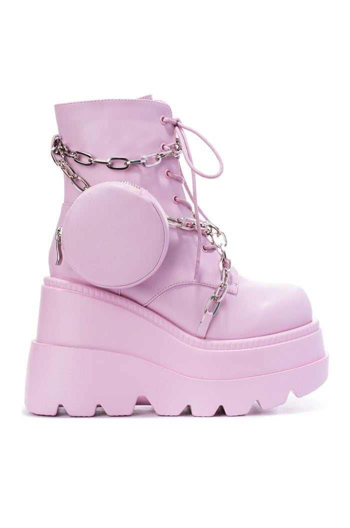 Pink Chunky Lug Platform Chain Zipper Pouch Bootie | Shoe Time