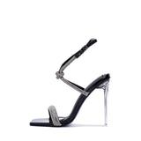 Rhinestone Square Toe Clear Perspex Heel Sandals | Shoe Time