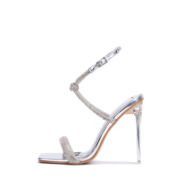 Rhinestone Square Toe Clear Perspex Heel Sandals | Shoe Time