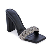 Rhinestone Chunky Block Heel - Black