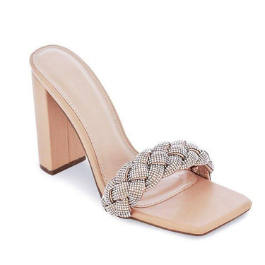 Rhinestone Chunky Block Heel - Nude