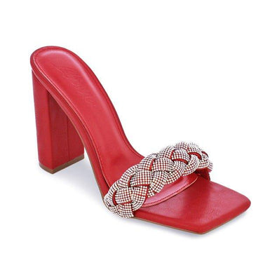 Rhinestone Chunky Block Heel - Red