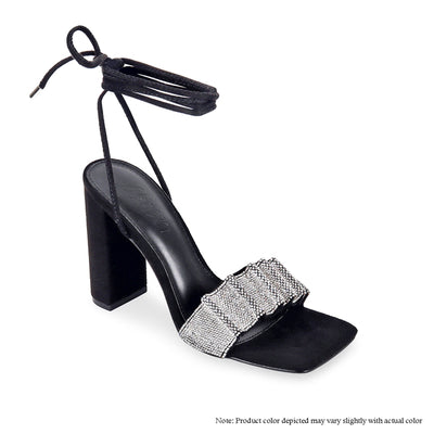 Black Rhinestone Lace up Chunky Heel Sandals 