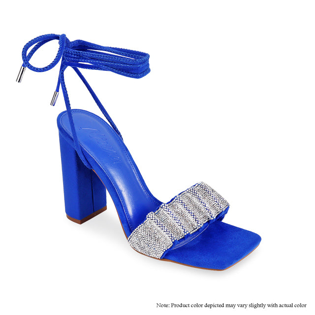 Blue Rhinestone Lace up Chunky Heel Sandals 