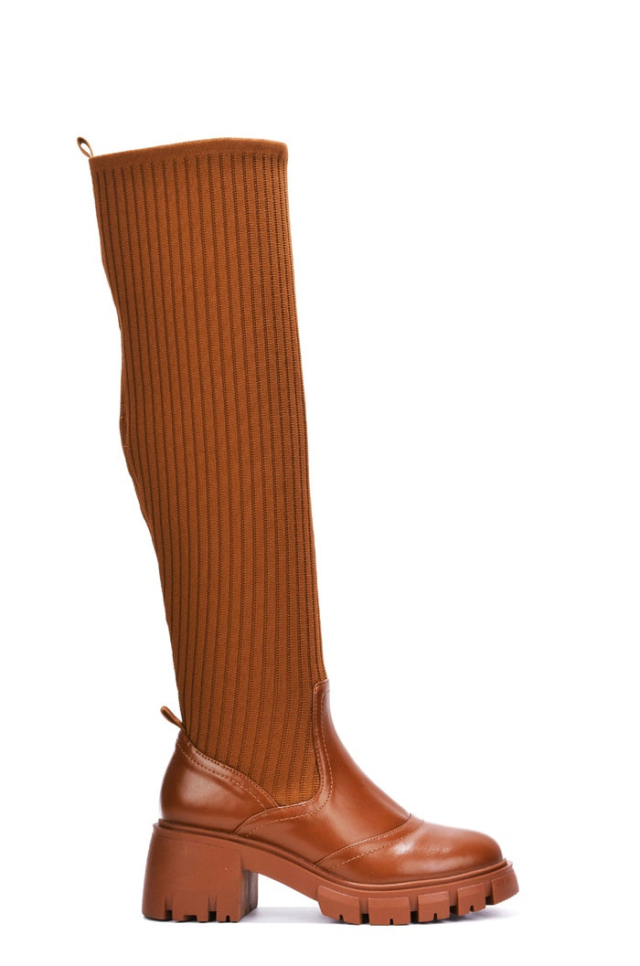 Brown Knitted Knee High Boots | Shoe Time