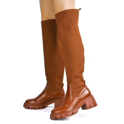 Brown Knitted Knee High Boots | Shoe Time