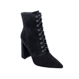 Black Pointed Toe Block Heel Booties, Lace up Zipper Block Heel Ankle Chelsea Boots