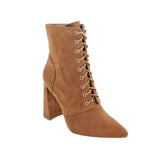 Brown Pointed Toe Block Heel Booties, Lace up Zipper Block Heel Ankle Chelsea Boots