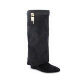 Black Suede Liliana Mutto-1 Padlock Detail Wedge Knee High Boots