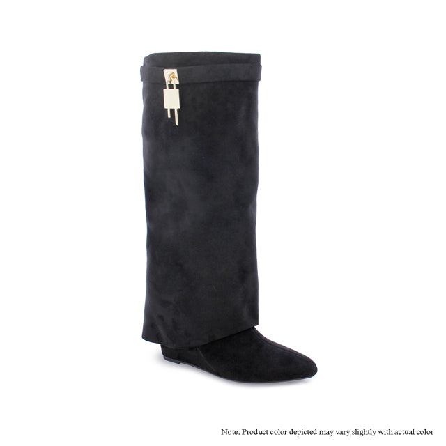 Black Suede Liliana Mutto-1 Padlock Detail Wedge Knee High Boots