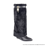 Black Fur Wedge Knee High Boots