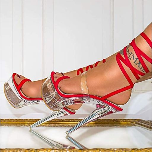 Liliana Zapatos de moda con sandalias de tacón de aguja con plataforma transparente para mujer - Rojo 