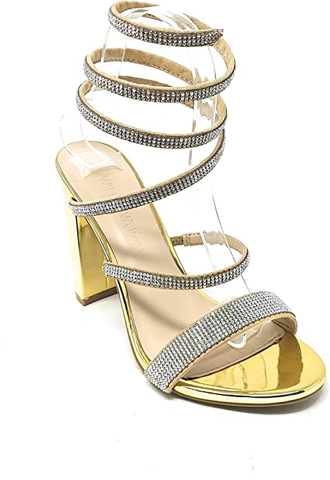 Gold Rhinestone Wrap Around Chunky Heels | Shoe Time