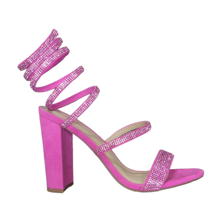 Pink Rhinestone Wrap Around Chunky Heels | Shoe Time