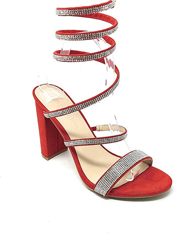 Red Rhinestone Wrap Around Chunky Heels | Shoe Time