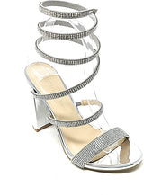 Silver Rhinestone Wrap Around Chunky Heels | Shoe Time