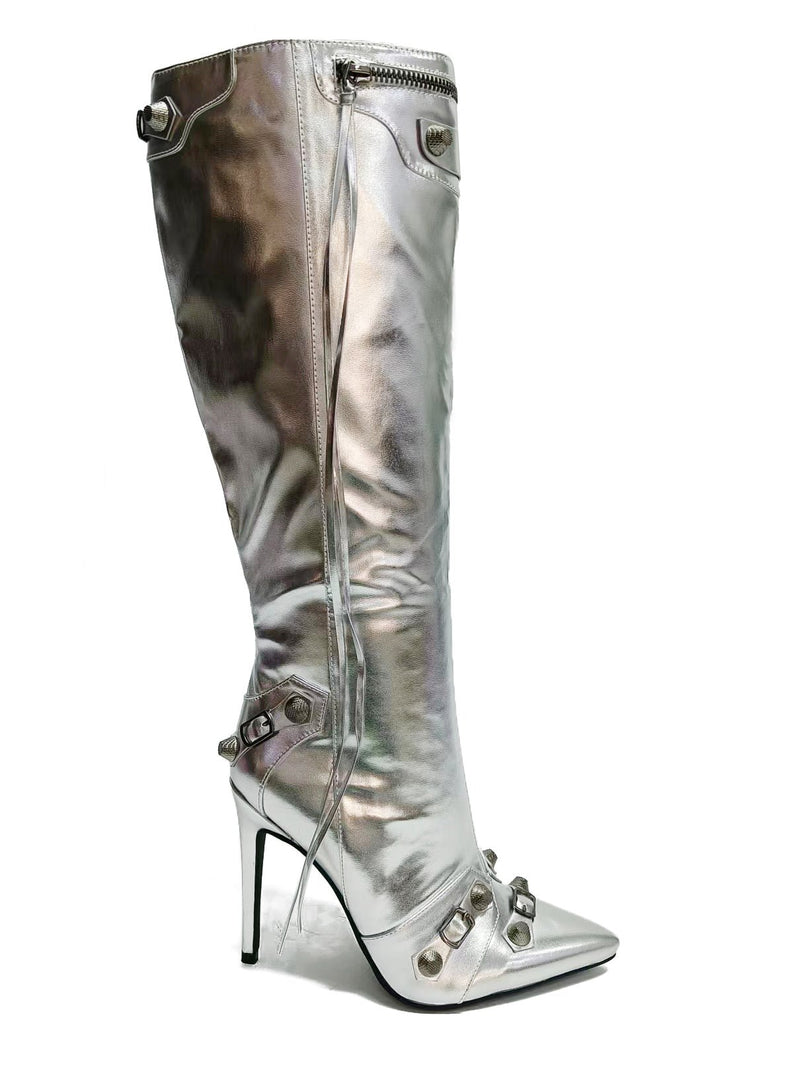Silver Pointed Toe Heel Knee High Boots Pofin Cape Robbin | Shoe Time