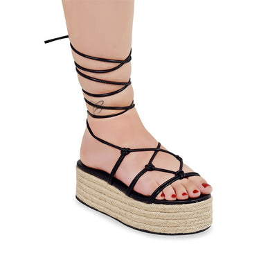 Black Strappy Lace Up Platform Sandals | Shoe Time