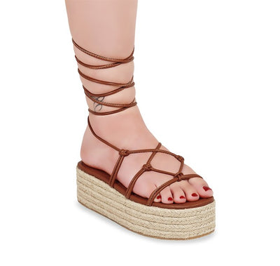 Tan Strappy Lace Up Platform Sandals | Shoe Time