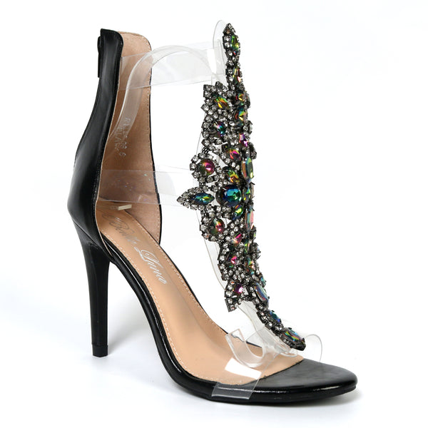 Black Rhinestone Accent Transparent Straps Rear Zip Stiletto Heels | Shoe Time