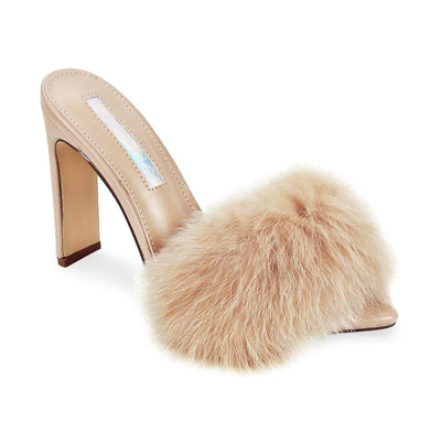 Liliana Saucy-1 Open Peep Toe Stiletto Pointy Fur Stiletto Mule Sandal Heels