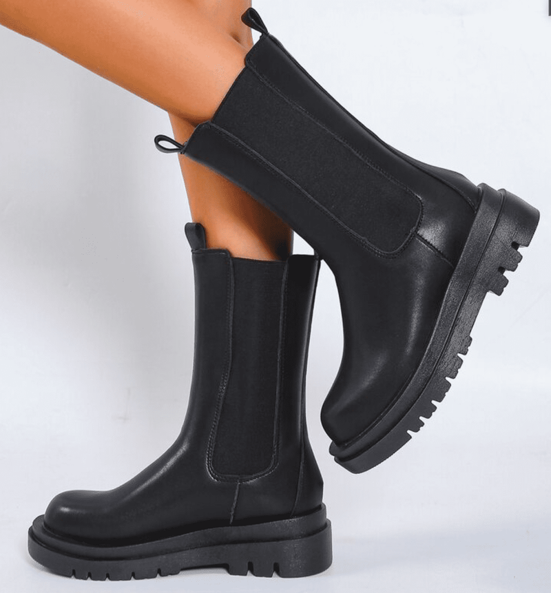 Chunky Platform Mid Calf Boots Pull on Lug Sole Chelsea Booties Fine-4 By Weboo