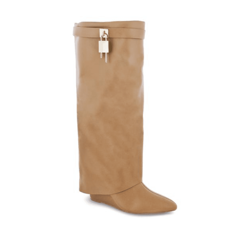 Beige Liliana Mutto-1 Padlock Detail Wedge Knee High Boots