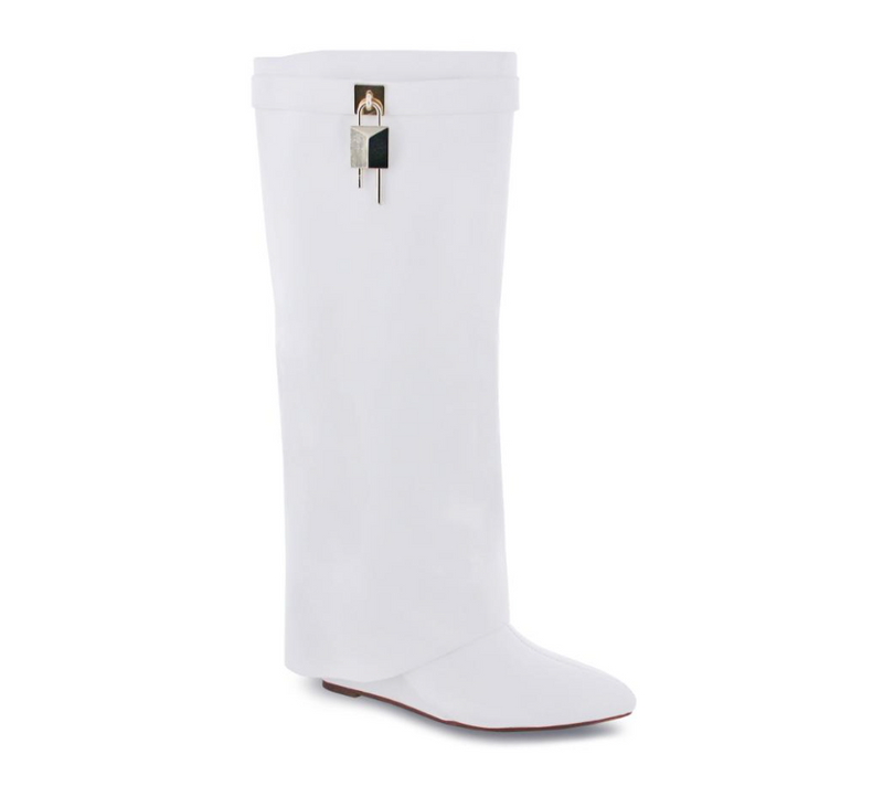 White Liliana Mutto-1 Padlock Detail Wedge Knee High Boots