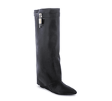 Black Pu Liliana Mutto-1 Padlock Detail Wedge Knee High Boots