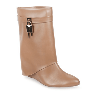 Beige Fold Over Wedge Boots